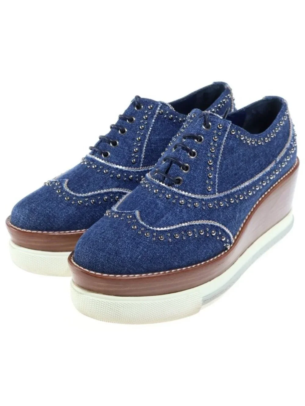 Miu Miu Studded Decoration Wood Sole Heels Denim Platform Sneakers Indigo